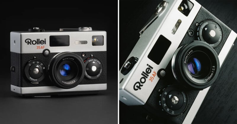 Side-by-side images of a vintage Rollei 35AF camera. The camera features a compact, silver body with black textured grips and a prominent lens. The brand name "Rollei" and model "35AF" are clearly visible on the camera's front.