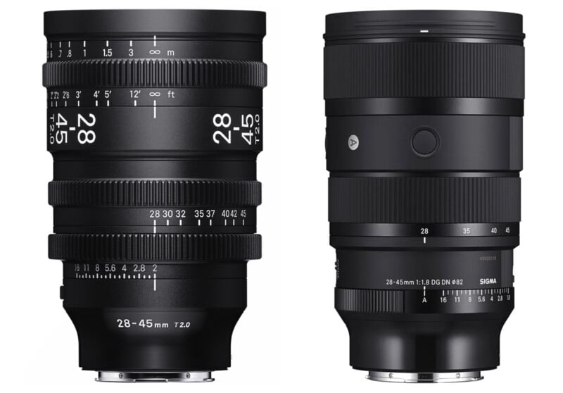 Two black camera lenses displayed side by side. The left lens is marked with "28-45mm T2.0" and various numerical settings. The right lens, labeled "Sigma 28-45mm T1.8 DG DN Ø82," also features multiple markings and adjustment rings.