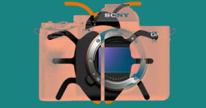 An image of a Sony α7R camera with an orange bug icon superimposed over it, symbolizing a potential issue or malfunction with the camera.