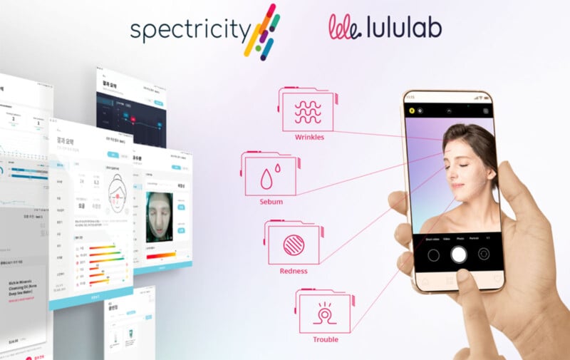 A person is using a smartphone app to analyze skin health. The screen displays a person's face with indicators for wrinkles, sebum, redness, and trouble spots. The background features various charts and data. Logos for Spectricity and lululab are present at the top.