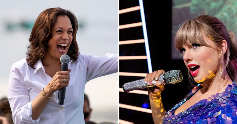 Split image of two women speaking into microphones. On the left, a woman with shoulder-length dark hair, wearing a white blouse, is animated and smiling while speaking outdoors. On the right, a woman with blonde hair in a ponytail, wearing a blue outfit, sings on stage.