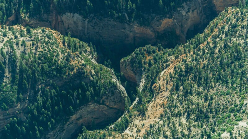 Aerial view of a rugged mountainous landscape covered with dense forest and vegetation. The terrain features deep crevices and steep cliffs, with shades of green contrasting against the rocky, uneven terrain.