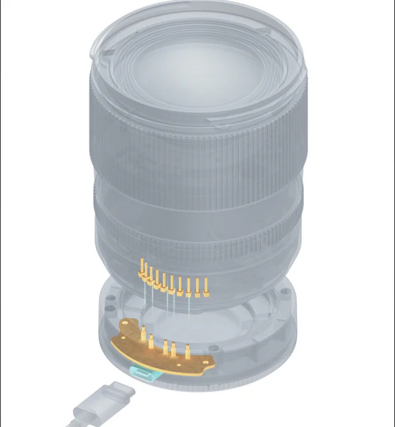 A transparent diagram of a camera lens revealing its internal components. Visible elements include circuit boards, connectors, and electronic contacts, demonstrating the intricate connectivity inside the lens. The outer structure of the lens is shown in a semi-transparent manner.