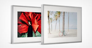 Two framed photographs side by side. The left frame features an abstract photo of a person standing against a vivid backdrop of large red petals. The right frame displays a serene beach scene with tall palm trees and a light blue bicycle on sandy ground.