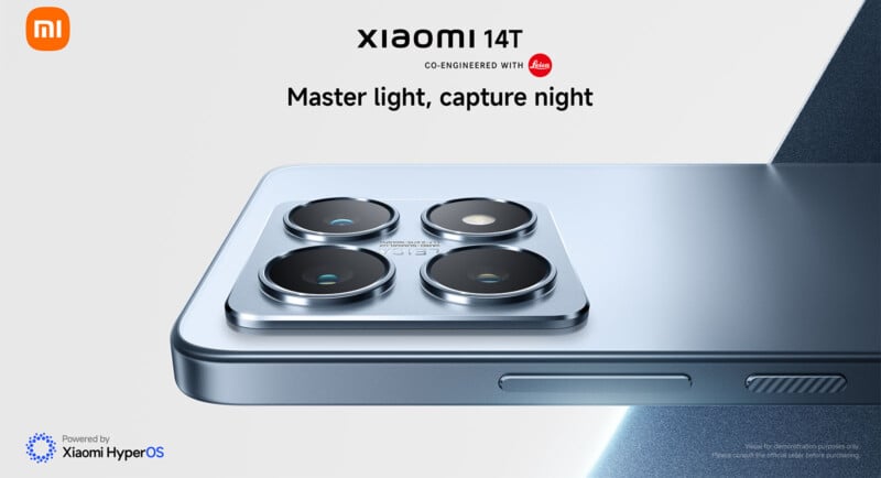 Image of a Xiaomi 14T smartphone featuring a quad-camera setup with Leica lenses on the back. The text reads "Xiaomi 14T" co-engineered with Leica, and "Master light, capture night." Powered by Xiaomi HyperOS.