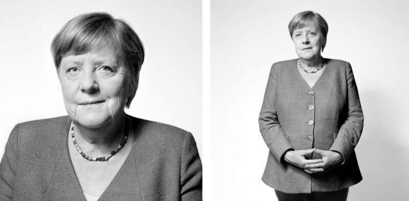 Black and white images of a woman in a suit. The left image shows a close-up portrait with a neutral expression, while the right image captures her standing with hands clasped. The background is plain white.