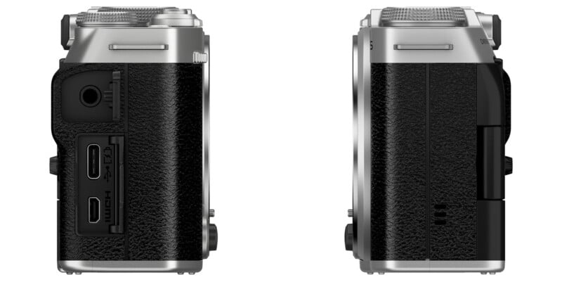 Two views of a black and silver digital camera. The left side shows ports including a microphone, HDMI, and USB. The right side displays a smooth, textured finish with no visible ports.