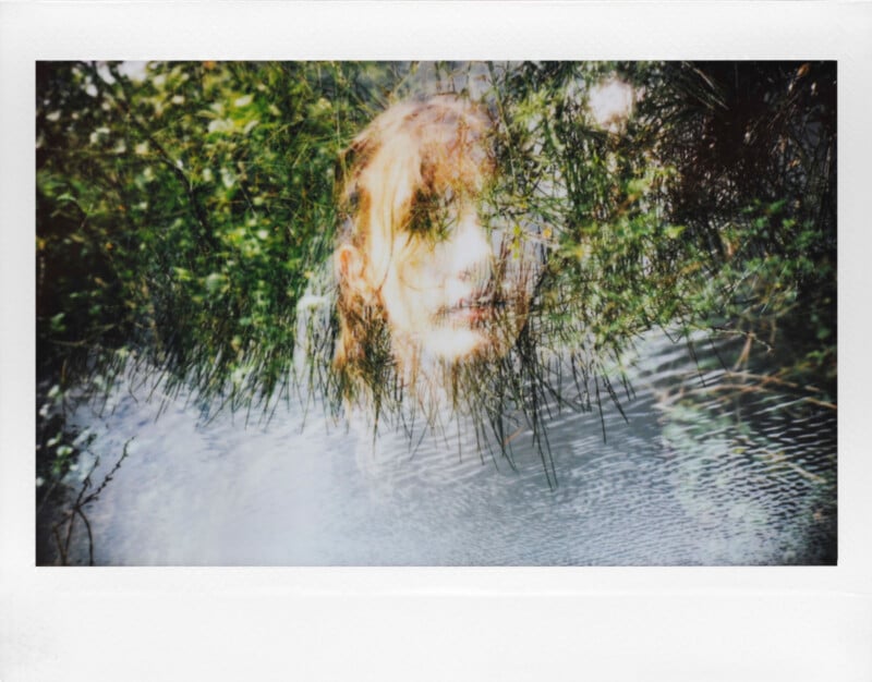 A double exposure image blending a woman's face with a forest scene, including trees and water. The combination creates a dreamy, ethereal effect, merging human features with natural elements.