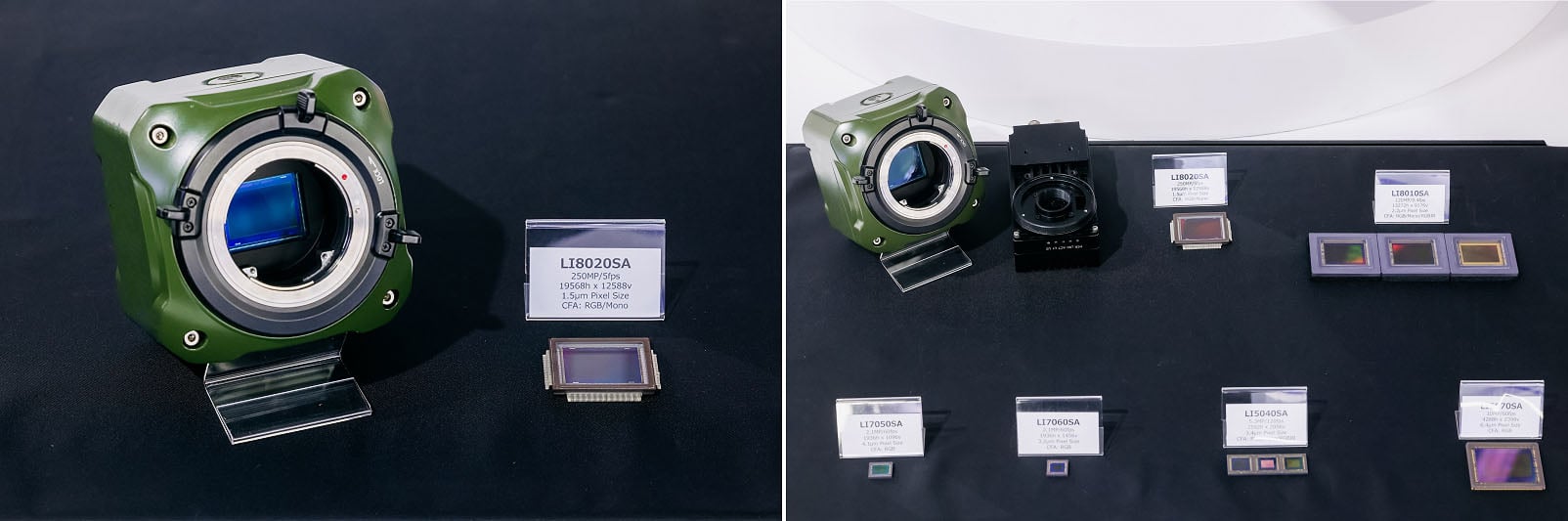 The image shows a display of camera sensor equipment on a table with labels. On the left, there's a green camera sensor housing with a sensor on display. On the right, various smaller sensors and components are positioned with informational plaques.