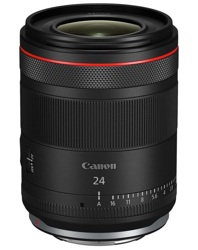 A Canon 24mm RF lens with a black body, featuring a red ring near the top. It has a textured grip area, control ring, and AF/MF switch. The focus scale and other markings are visible on the surface.