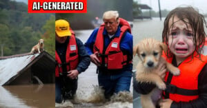 AI-generated image showing three scenes: a dog on a flooded roof, two men in life jackets walking through floodwaters, and a child holding a puppy amid flooding.