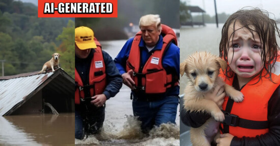 AI-generated image showing three scenes: a dog on a flooded roof, two men in life jackets walking through floodwaters, and a child holding a puppy amid flooding.