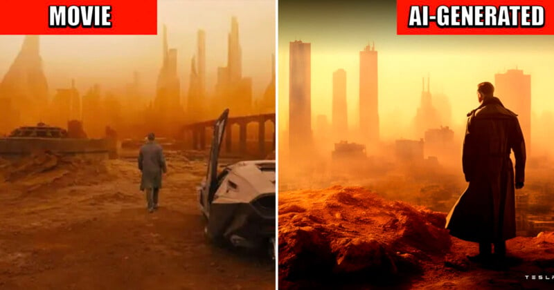 A person in a coat walks toward futuristic cityscapes under an orange sky. Left image labeled "Movie" has debris, while right image labeled "AI-Generated" shows simplified structures and a person standing on a rock.