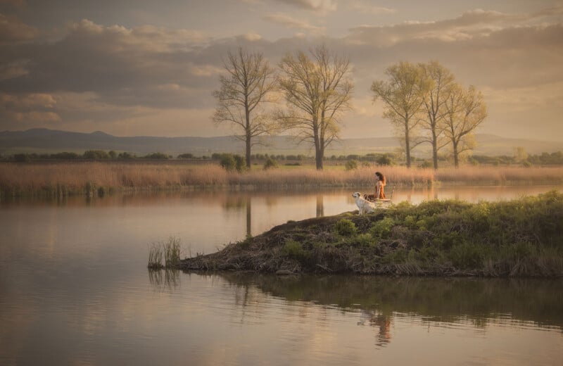 A person stands on a small, grassy island in a calm lake, fishing at sunset. Tall trees line the horizon under a cloudy sky, casting reflections on the water. The scene is peaceful and serene.