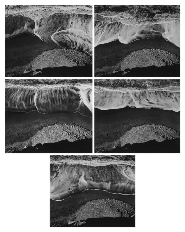 Une série de cinq photos en noir et blanc représente les vagues de l'océan déferlant sur un rivage rocheux, capturant différentes étapes du mouvement des vagues et la texture du sable humide et sec.