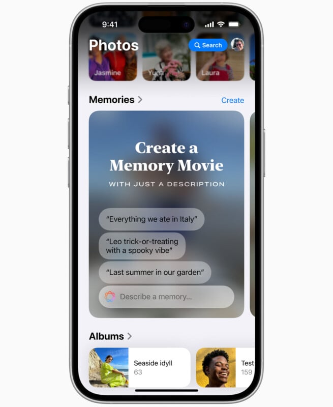 A smartphone screen displaying a photo app with sections for photos, memories, and albums. The main feature is "Create a Memory Movie," showcasing past events like trips to Italy, Halloween, and summer in a garden.