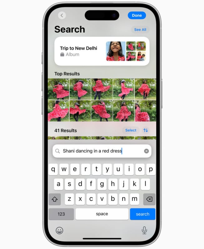 A smartphone screen showing a photo search interface. The search is for "Shani dancing in a red dress," displaying multiple photos of a person in a red dress outdoors. The text input field and keyboard are visible below.