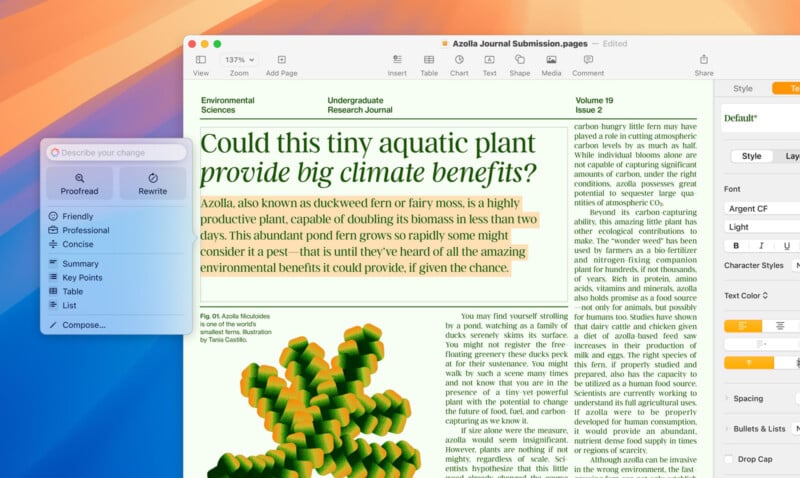 A digital document displays an article about the aquatic plant Azolla and its potential climate benefits. Editing tools and text options are visible on the left and right sides of the screen, highlighting the user interface of a writing software.