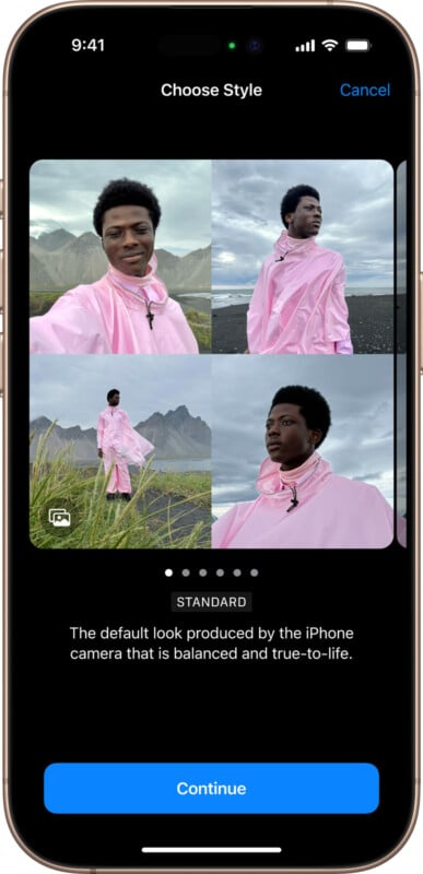 A person in a pink jacket is shown in four different poses outdoors, surrounded by mountains and grass. The images are displayed on a smartphone screen, with options to choose a style. The displayed text reads: "The default look produced by the iPhone camera.