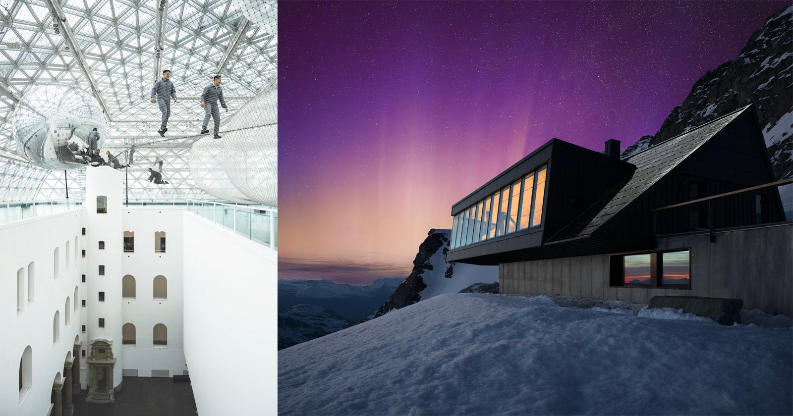 Left: Interior of a modern building with people walking on a suspended walkway under a glass ceiling. Right: A contemporary house on a snowy mountain slope at dusk with a starry sky.