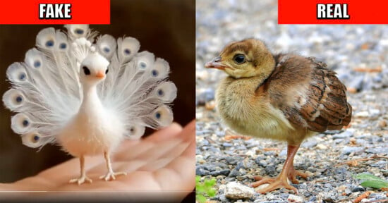 Comparison image: On the left, a digitally created small white bird resembling a miniature peacock labeled "FAKE." On the right, a young brown chick standing on gravel, labeled "REAL.