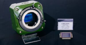 A digital camera sensor labeled "LI8020SA" is displayed on a stand. The sensor has specifications listed, including 250MP resolution, 19,568 x 12,588 dimensions, 1.5μm pixel size, and CFA: RGB/Mono, alongside a green and silver camera housing.