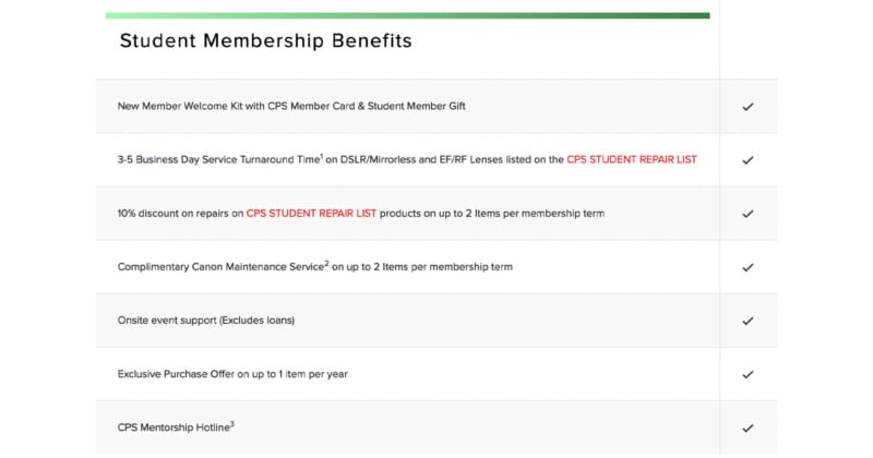 A chart describing student membership benefits, including welcome kit, 20% repair discount, free maintenance service, exclusive support, exclusive offers, and membership hotline access. Some terms apply to specific items or services.