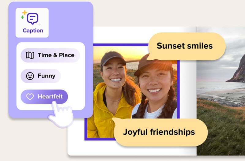 Two smiling friends wearing casual outdoor clothes take a selfie at a scenic beach during sunset. Speech bubbles read "Sunset smiles" and "Joyful friendships." A cursor hovers over a "Heartfelt" caption option on the interface.