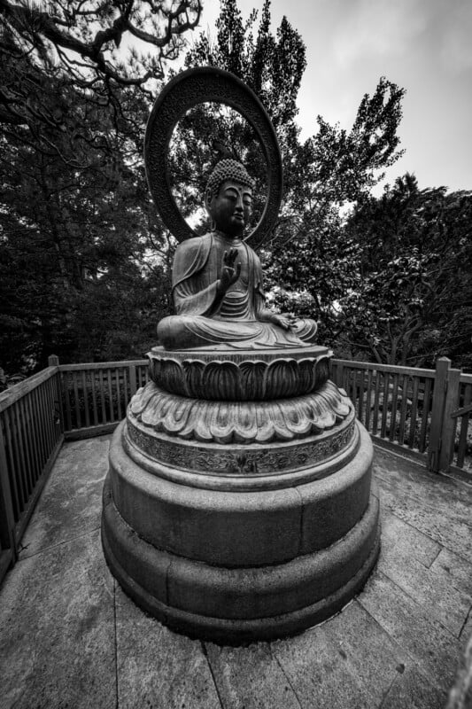 A large stone Buddha statue sits in a peaceful outdoor setting, surrounded by trees and enclosed by a wooden railing. The statue is set on a circular pedestal and is captured in black and white.