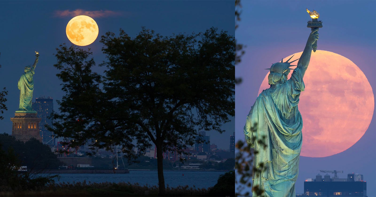 Two images of the Statue of Liberty during a full moon. The left shows the statue silhouetted by the moon and trees. The right features a close-up view of the statue from behind, with the large moon in the background.