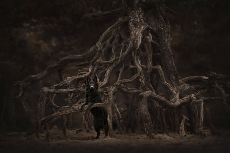 A black dog stands on hind legs, leaning against the twisted roots of an ancient, gnarled tree in a dark, mysterious forest. The scene is atmospheric, with deep shadows and intricate root patterns.