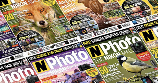 A collage of N-Photo magazine covers featuring wildlife and nature photography, camera tips, and articles on photography skills. Prominent images include foxes, birds, and cameras, with bold headlines highlighting various photography insights.