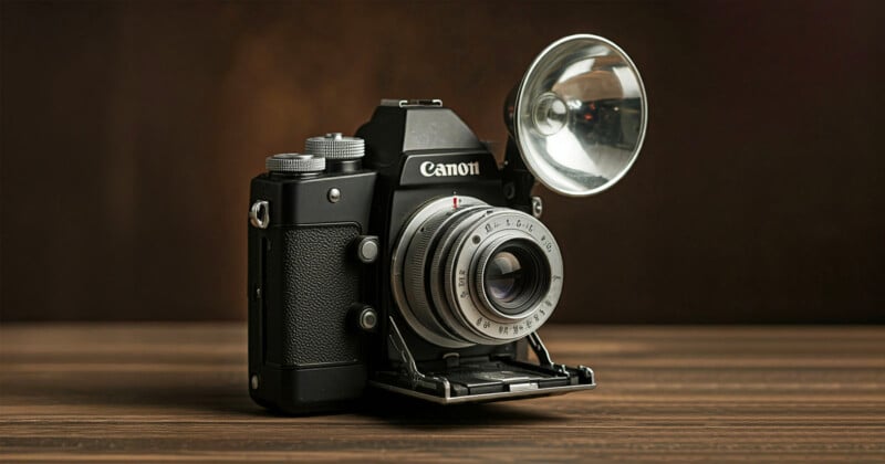 A vintage Canon camera with a flash attachment is displayed on a wooden surface. The camera features a textured grip, silver lens, and mechanical dials, set against a dark, blurred background.