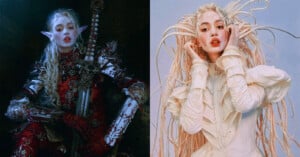 Split image: Left side shows a person dressed as a fantasy elf with pointed ears and elaborate armor, holding a sword. Right side depicts the same person in a light, ruffled outfit with intricate, white, tentacle-like headpieces against a soft backdrop.