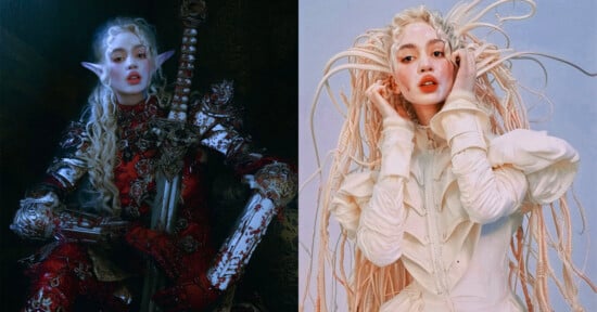 Split image: Left side shows a person dressed as a fantasy elf with pointed ears and elaborate armor, holding a sword. Right side depicts the same person in a light, ruffled outfit with intricate, white, tentacle-like headpieces against a soft backdrop.