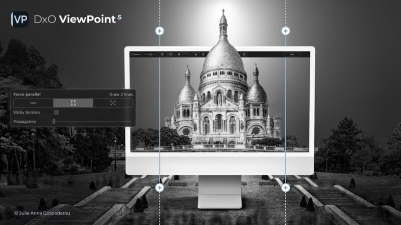 A computer screen displays an image editing software, showing a black and white photo of a large, ornate building. The interface options on the screen adjust perspective settings, with lines for aligning the image.