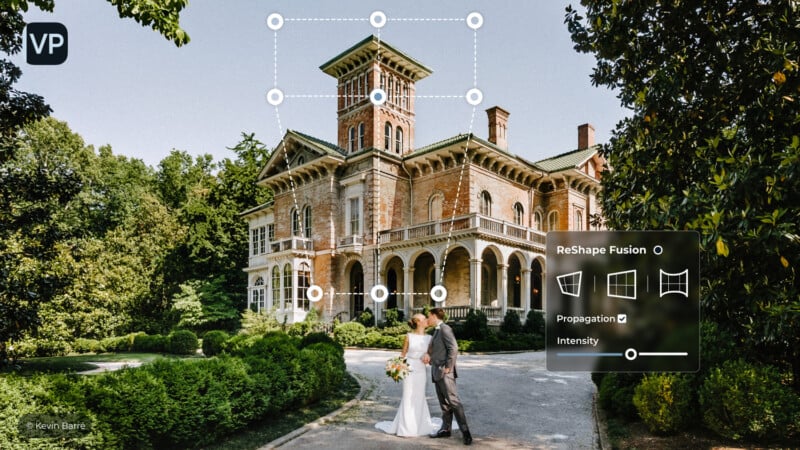 A bride and groom stand in front of a large, historic brick house with a tower. The surrounding gardens are lush and green. A digital overlay shows image editing options like ReShape Fusion and Intensity.