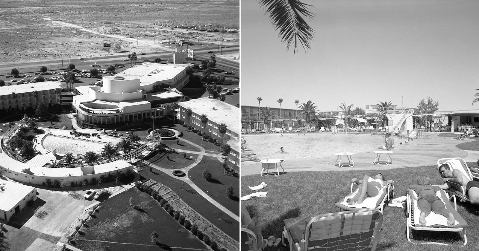 Aerial view of a large, round hotel and casino complex surrounded by desert. Adjacent is an outdoor swimming pool scene with sunbathers on lounge chairs, palm trees, and a few people in the water.