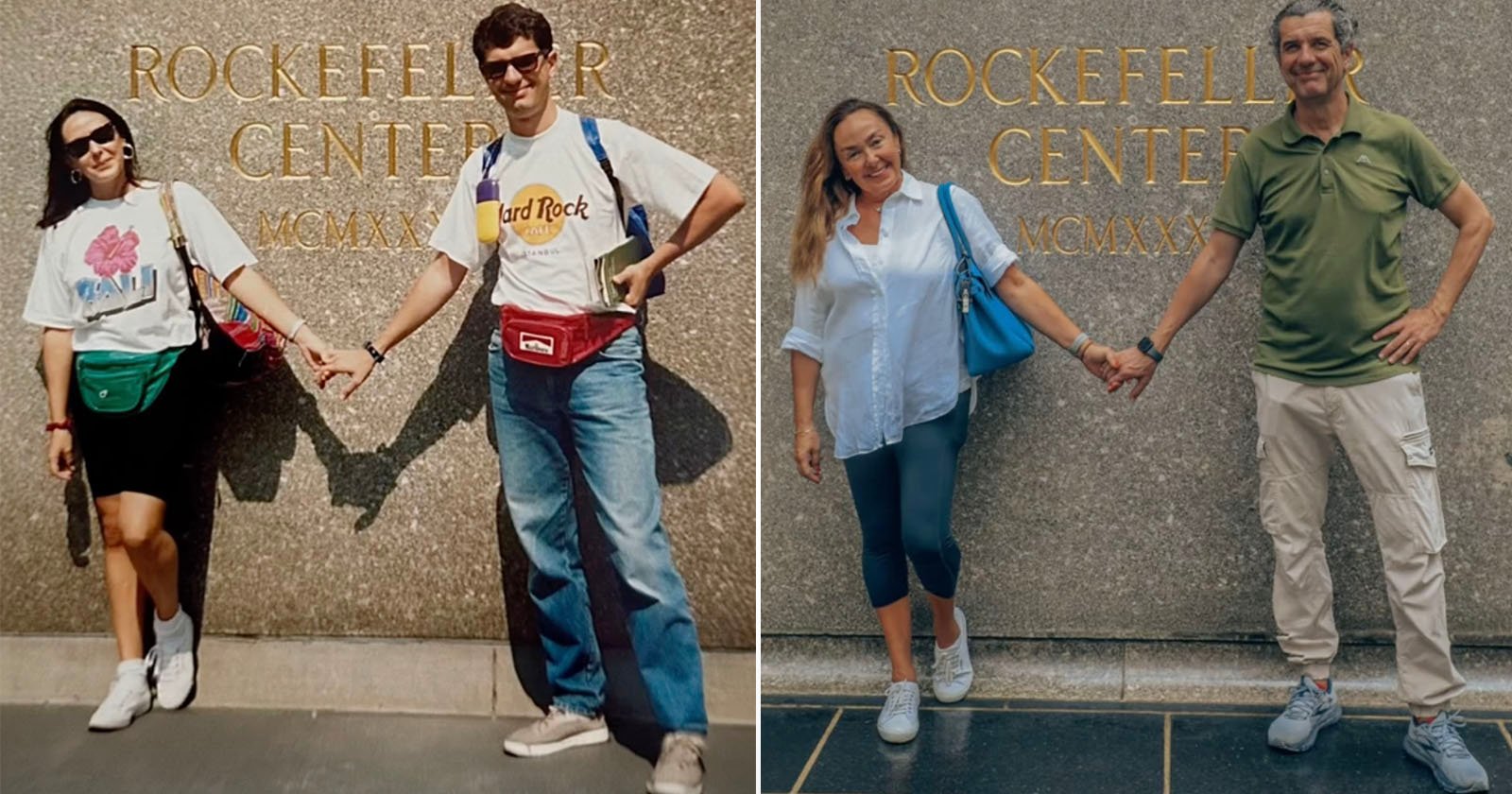 Two couples, years apart, pose holding hands in front of the Rockefeller Center sign. The left image shows them in casual 90s attire with fanny packs; the right image shows them in contemporary casual clothes, recreating the same pose.