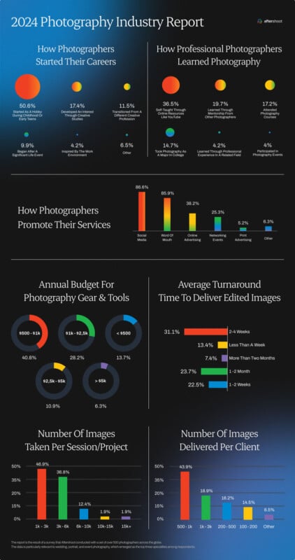 Infographic titled "2024 Photography Industry Report" showing various statistics: career start methods, learning sources, promotion channels, budget distribution, editing turnaround times, and average numbers of photos taken per session and delivered per client.