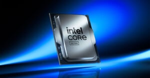 A silver Intel Core Ultra processor chip is displayed against a blue and black gradient background. The "intel CORE ULTRA" branding is prominently visible on the surface of the chip.