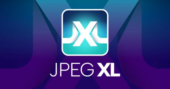 An abstract graphic features a teal and white JPEG XL logo in the center, with large, bold letters spelling "JPEG XL" beneath it. The background consists of gradient shades of blue and purple, forming geometric shapes.