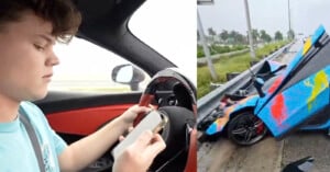 A young man in a blue shirt is distracted, holding a phone while driving a sports car with red interior. Next to him is an image of a blue sports car with colorful paint splashes, damaged in a crash on a roadside with a barrier.