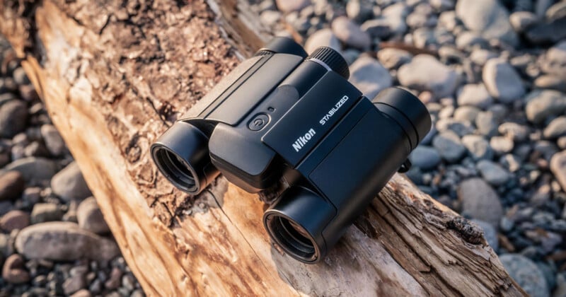 Close-up of a pair of Nikon binoculars resting on a rough piece of driftwood, with a background of pebbles. The binoculars are black and compact, displaying the brand name clearly. Natural lighting provides a warm tone to the scene.