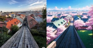 Split image: Left shows a real cityscape from a funicular railway overlooking rooftops and buildings under a cloudy sky. Right is an anime-style scene from the same viewpoint, featuring cherry blossoms and vibrant, clear skies.