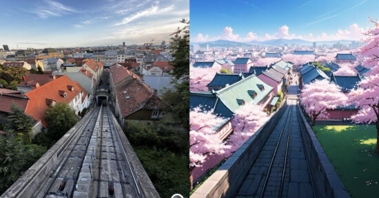 Split image: Left shows a real cityscape from a funicular railway overlooking rooftops and buildings under a cloudy sky. Right is an anime-style scene from the same viewpoint, featuring cherry blossoms and vibrant, clear skies.