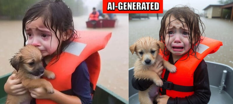 A young child wearing an orange life vest holds a small puppy tightly while sitting in a rescue boat amid floodwaters. The child appears upset and is crying as rain falls around them.