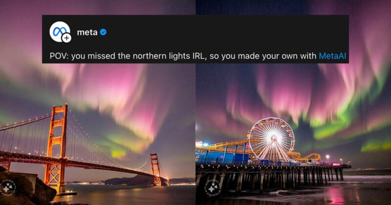 Side-by-side images show famous landmarks, the Golden Gate Bridge and a Ferris wheel, under vibrant northern lights. Text above reads: "POV: you missed the northern lights IRL, so you made your own with MetaAI.