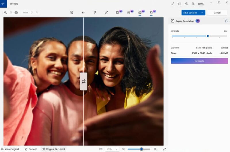 A software interface is shown with a split-screen image of three smiling people taking a selfie. Tools and options for editing the photo, including upscaling and a comparison slider, are visible on the right side. One person's hand holds the phone for the selfie.