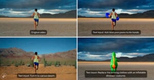 Four images depict a person running across a barren landscape. Modifications include adding blue pom-poms to their hands, changing the terrain to a desert, and replacing their running clothes with an inflatable dinosaur costume.